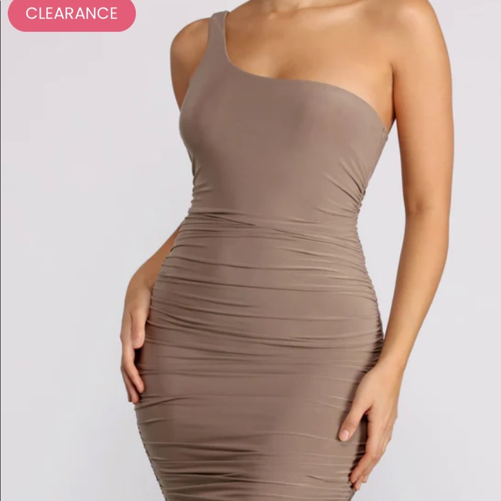 Windsor total babe alert one shoulder midi dress in TAUPE